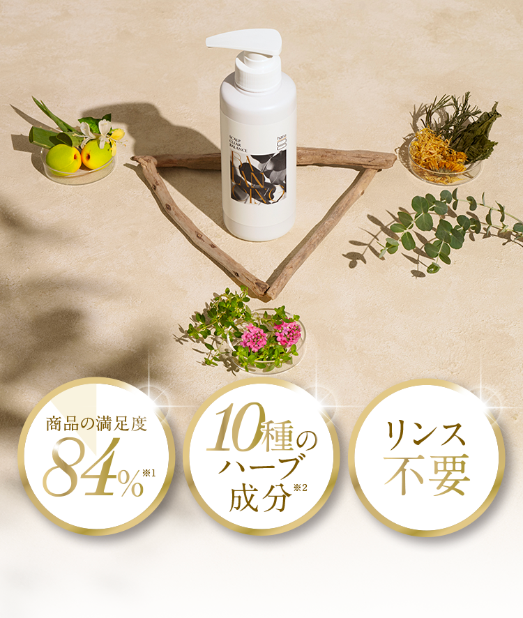「商品の満足度８４％」「１０種のハーブ成分」「リンス不要」