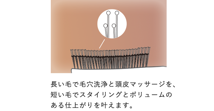 長い毛で毛穴洗浄と頭皮マッサージを、短い毛でスタイリングとボリュームのある仕上がりを叶えます。