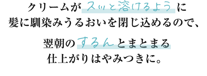 クリームがスッと解けるように髪に馴染みうるおいを閉じ込めるので、翌朝のするんとまとまる仕上がりはやみつきに。