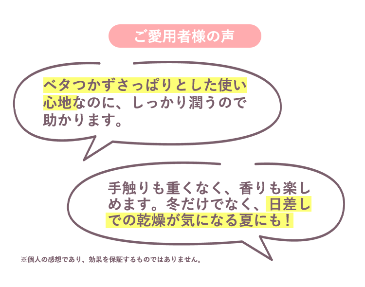 ベタつかずさっぱりとした使い心地なのに、しっかり潤うので助かります。 手触りも重くなく、香りも楽しめます。冬だけでなく日差しでの感想が気になる夏にも