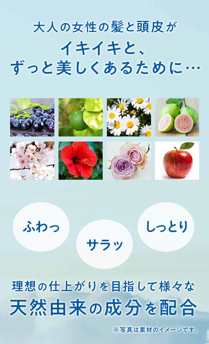 大人の女性の髪と頭皮がイキイキと、ずっと美しくあるために…理想の仕上がりを目指して様々な天然由来の成分を配合