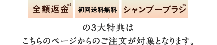 全額返金※3、送料無料、シャンプーブラシ※4の3大特典はこちらのページからのご注文が対象となります。